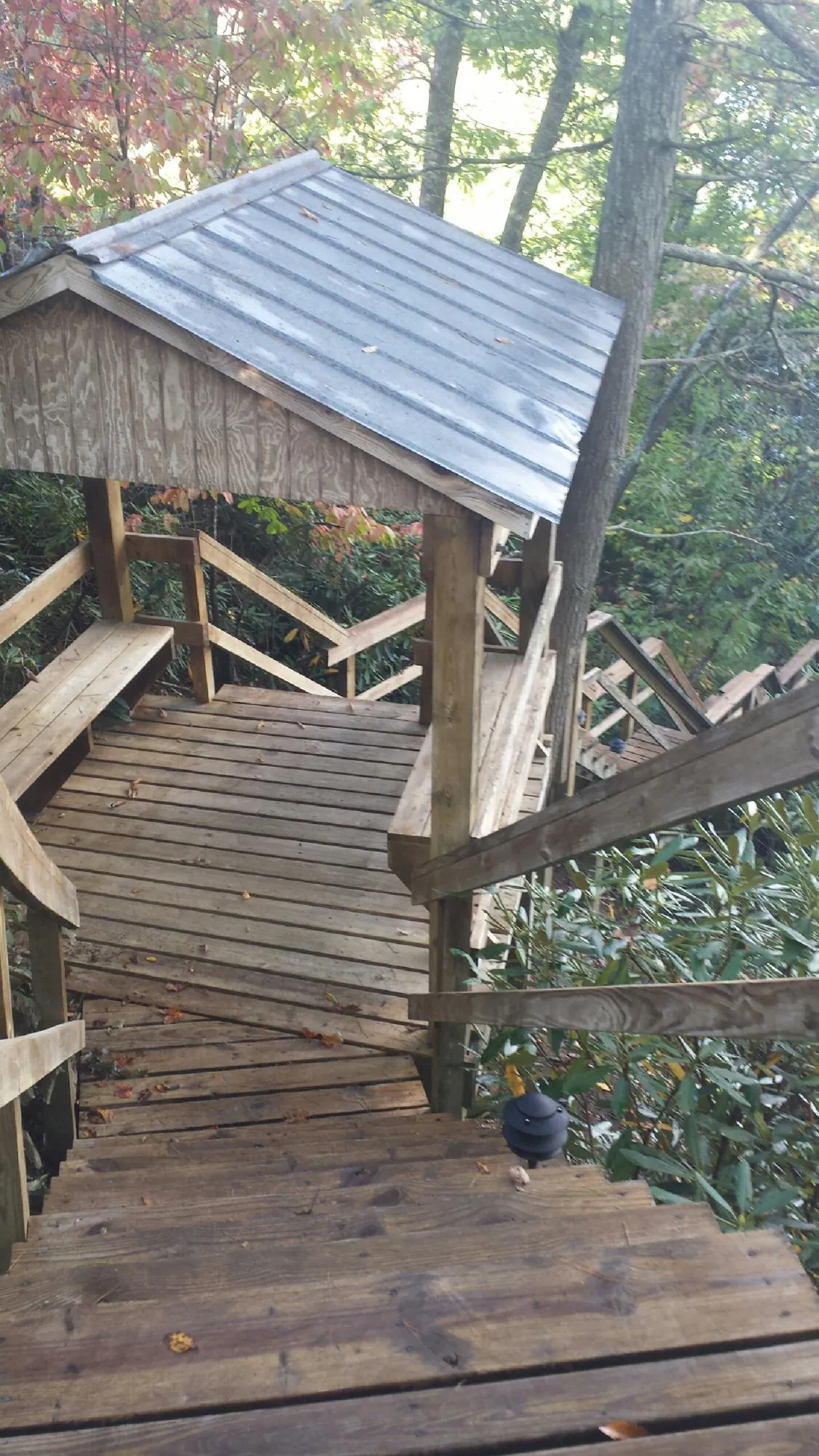 Metal roofed shelter over wooden steps on a wooded walkway — Skylight Repair & Installation work by our crew in Paramount